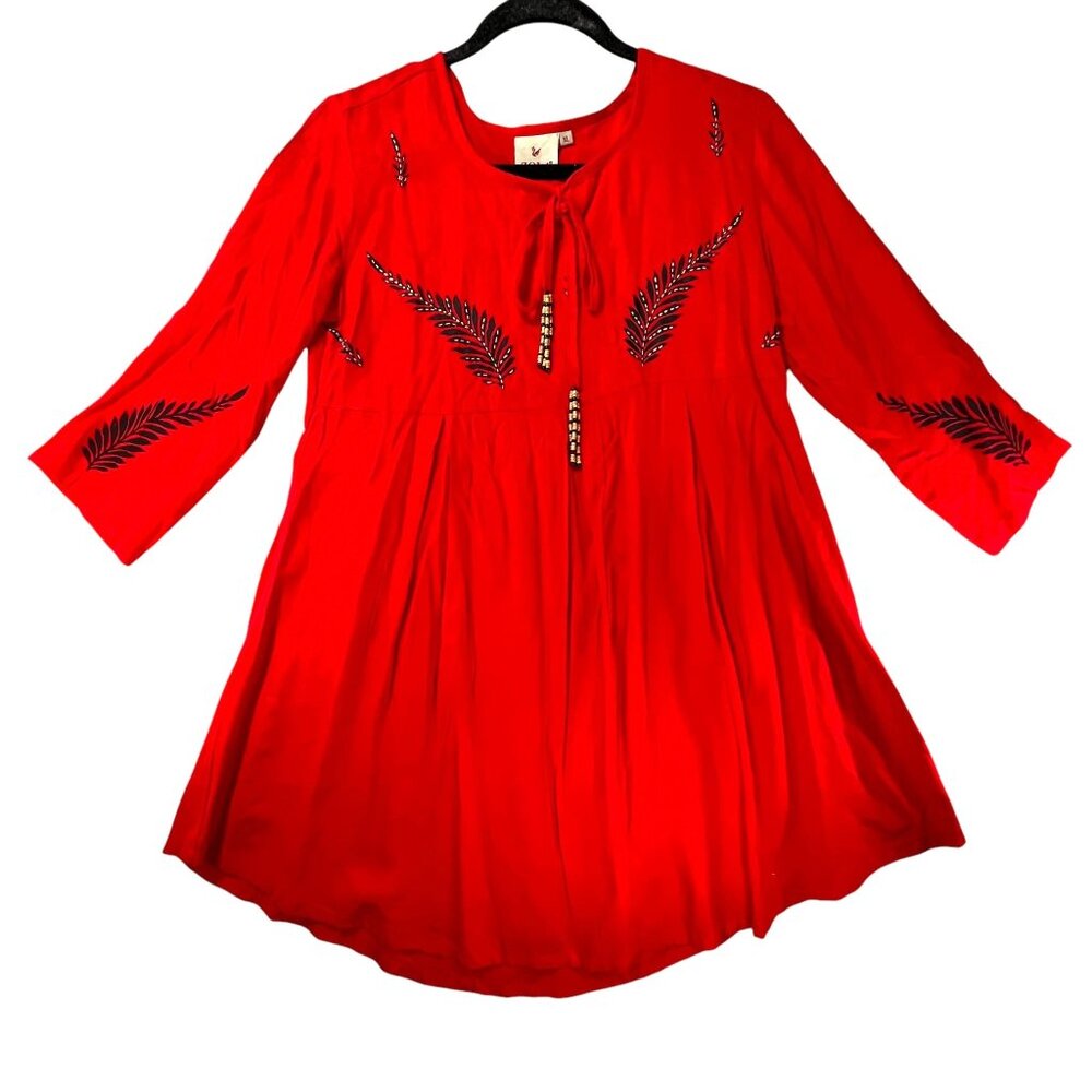 Zola Orange Red Boho Tunic Top Dress Leaf Print Embroidery Accents Beaded Tie